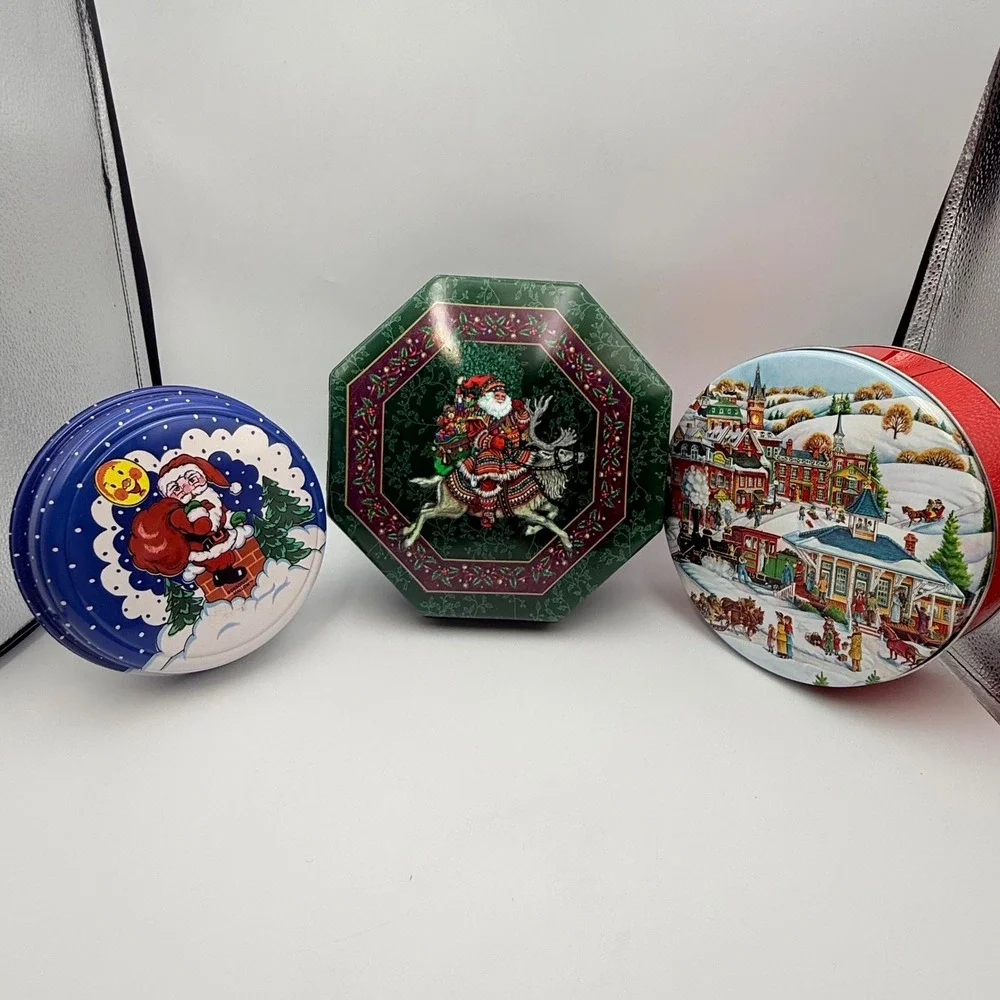 Vintage Christmas Cookie Tin Set 3pc Santa Winter Village Cheryl Ann Ullman Co